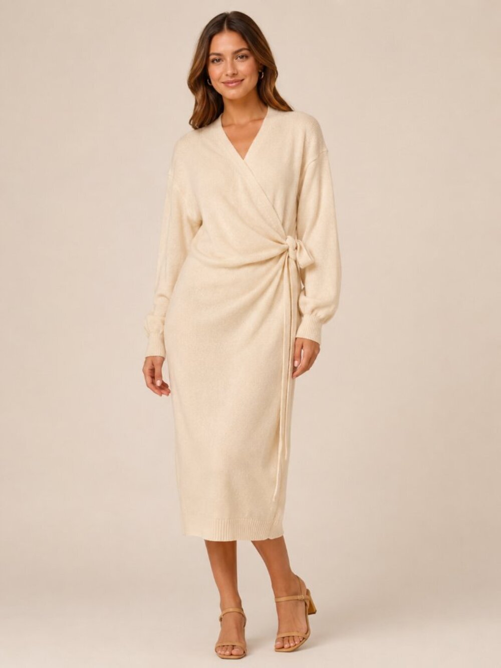 Petal & Pup Nova Wrap Knit Midi Dress in Cream Size Medium / Large